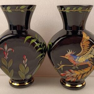 Fenton Black Vases with Gold and Colorful Nature Design